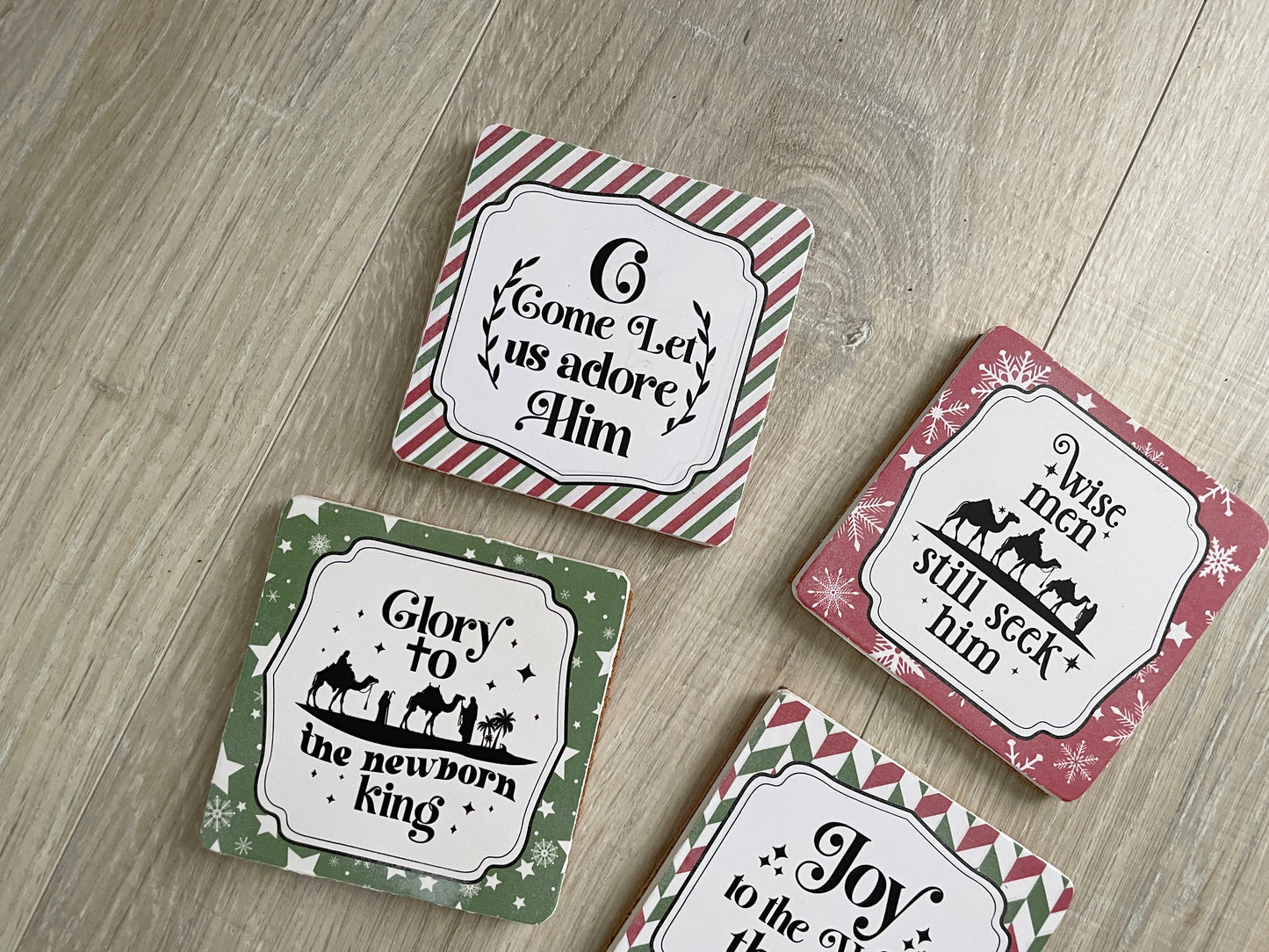 Christmas Wooden Coasters - Set of 4, Red and Green Faith-Based Holiday Decor, Christian Hostess Gift