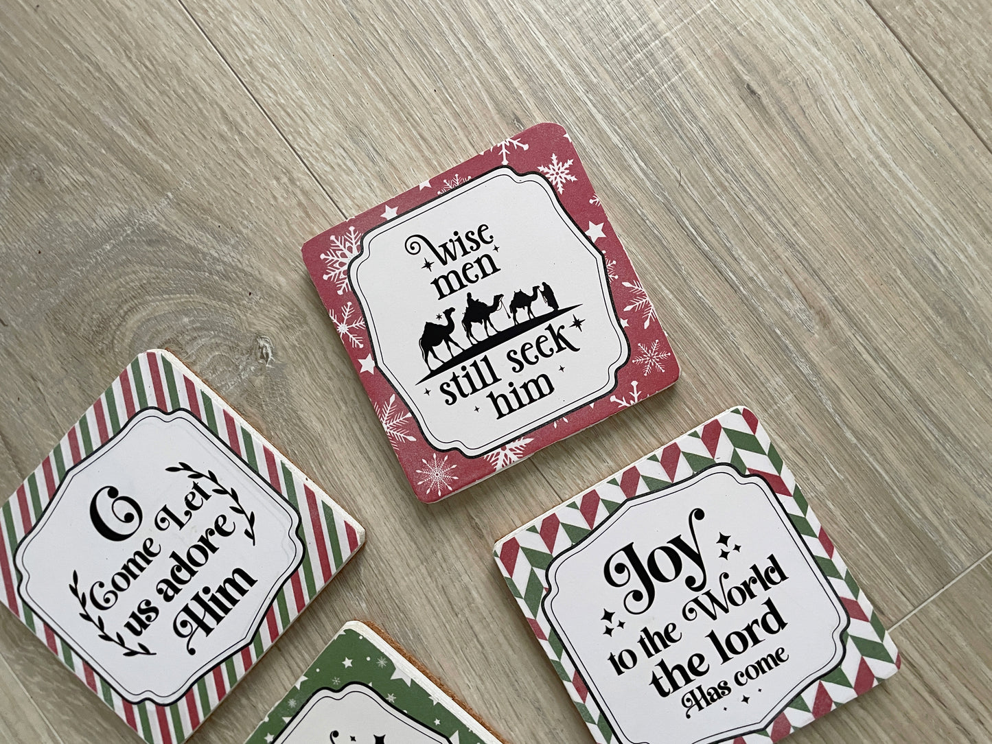 Christmas Wooden Coasters - Set of 4, Red and Green Faith-Based Holiday Decor, Christian Hostess Gift