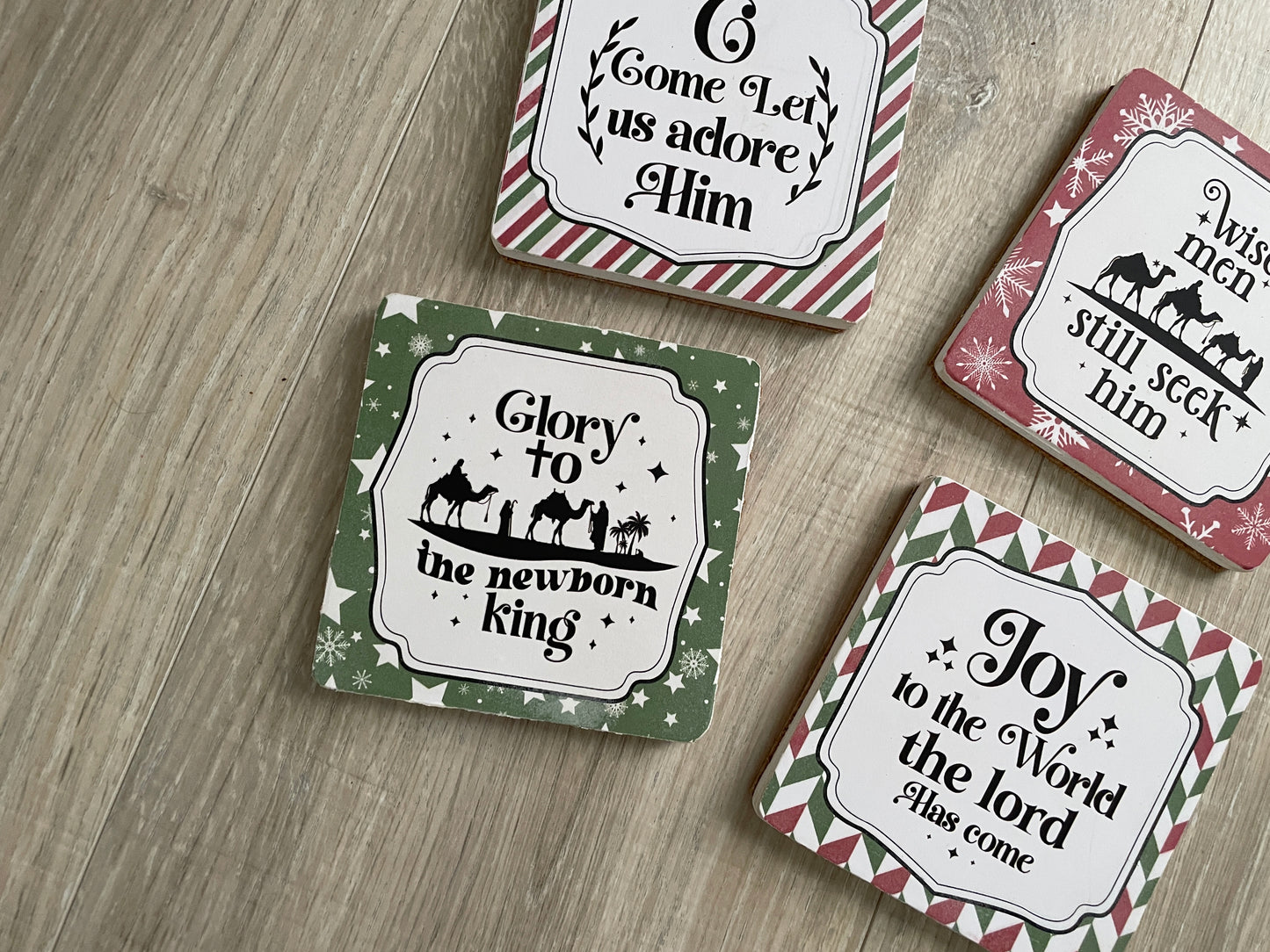 Christmas Wooden Coasters - Set of 4, Red and Green Faith-Based Holiday Decor, Christian Hostess Gift