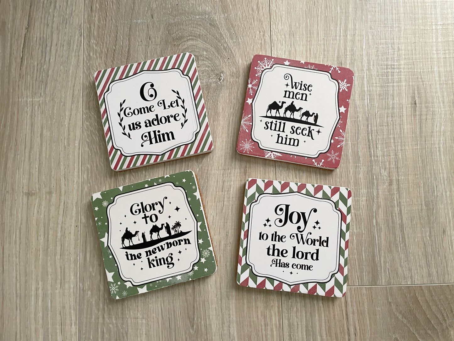 Christmas Wooden Coasters - Set of 4, Red and Green Faith-Based Holiday Decor, Christian Hostess Gift