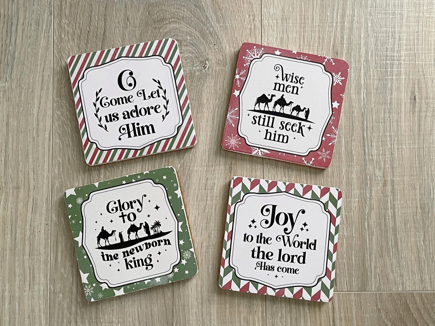 Christmas Wooden Coasters - Set of 4, Red and Green Faith-Based Holiday Decor, Christian Hostess Gift