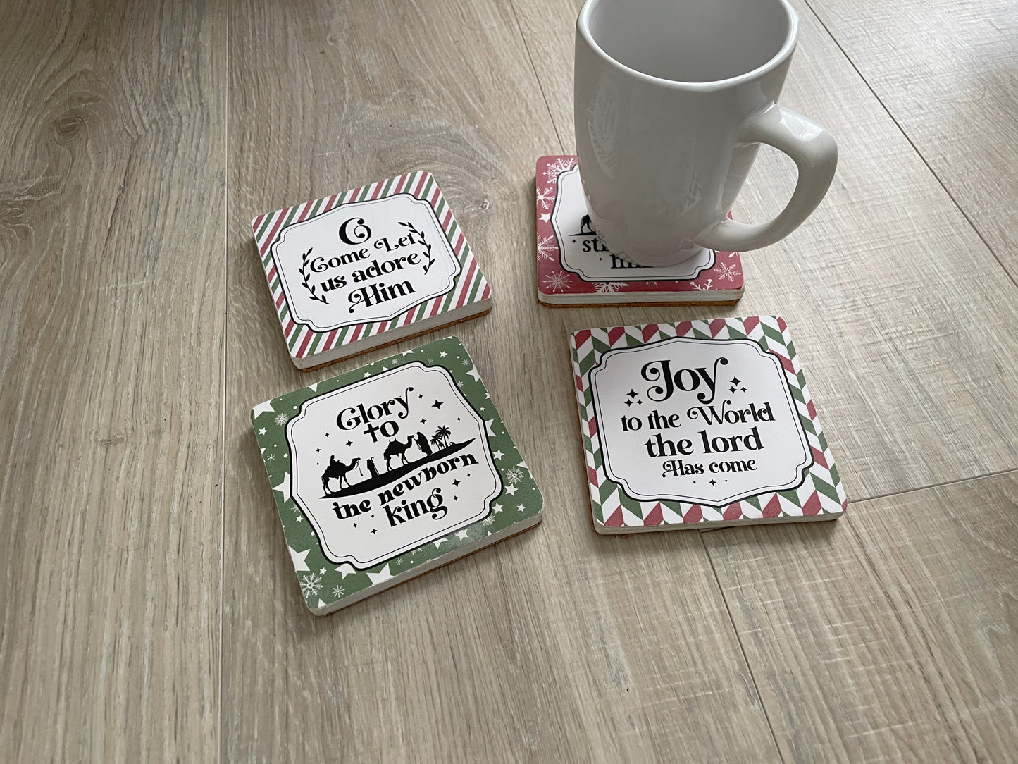 Christmas Wooden Coasters - Set of 4, Red and Green Faith-Based Holiday Decor, Christian Hostess Gift