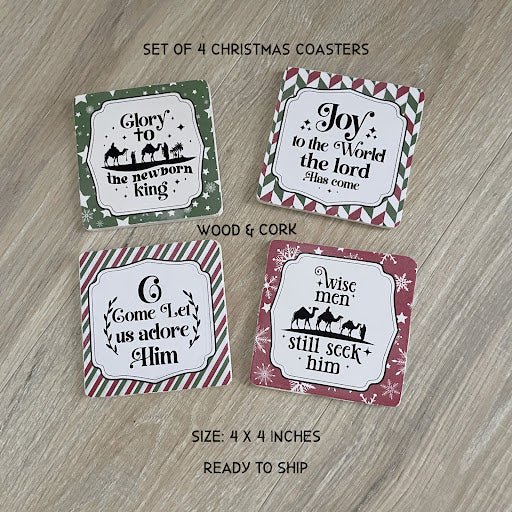Christmas Wooden Coasters: Faith-Based Holiday Decor, Set of 4