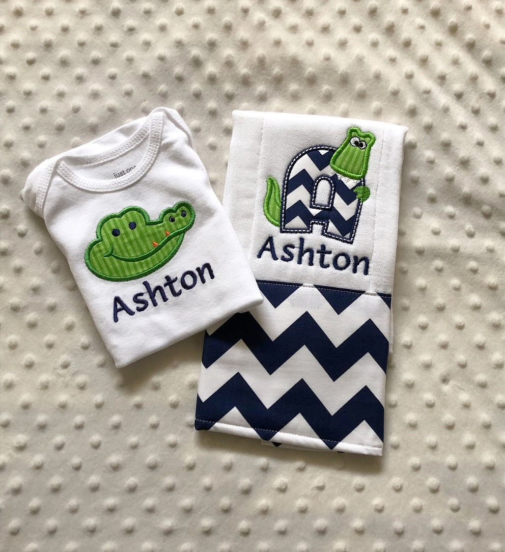 Custom Alligator Theme Baby Boy Gift Set - Personalized Bodysuit and Burp Cloth