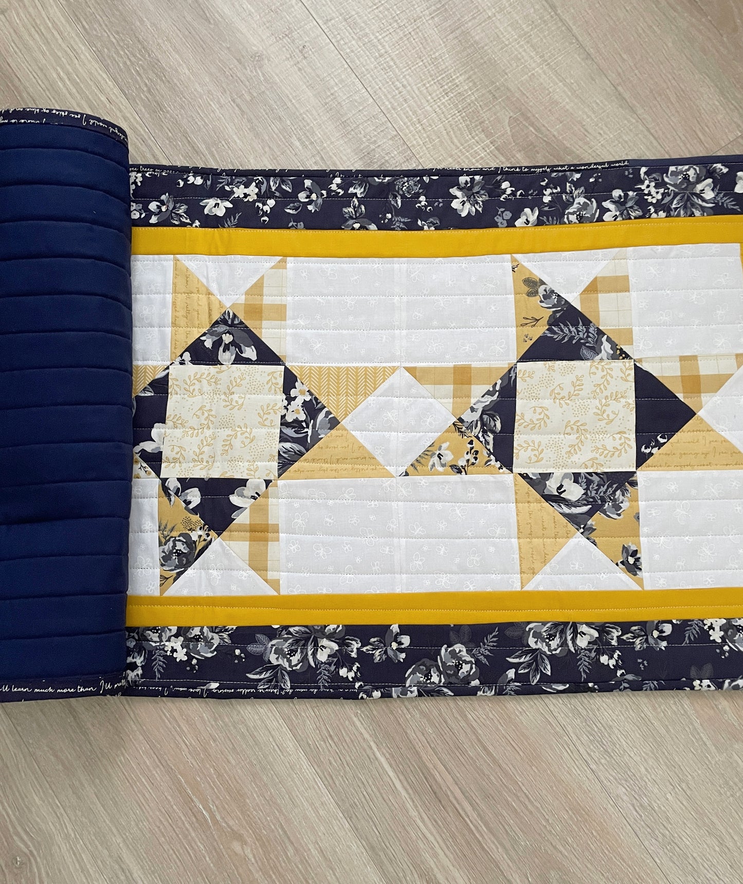 Handmade Quilted Table Runner in Blue, Yellow, White & Gray Colors