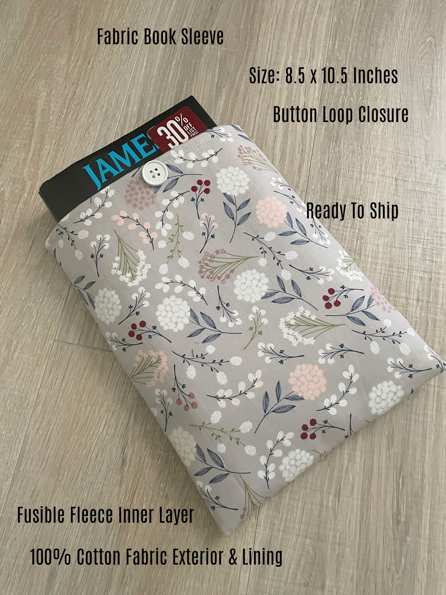 Fabric book cover, Book Sleeve, Book Jacket, E-Reader Cover, Book Gift, Book Pouch, Book Lover Gift, Book Protector, Gray Wildflower Fabric