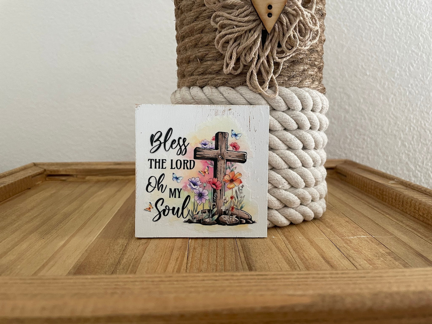 Christian Tiered Tray Decor, Religious Mini Wooden Signs