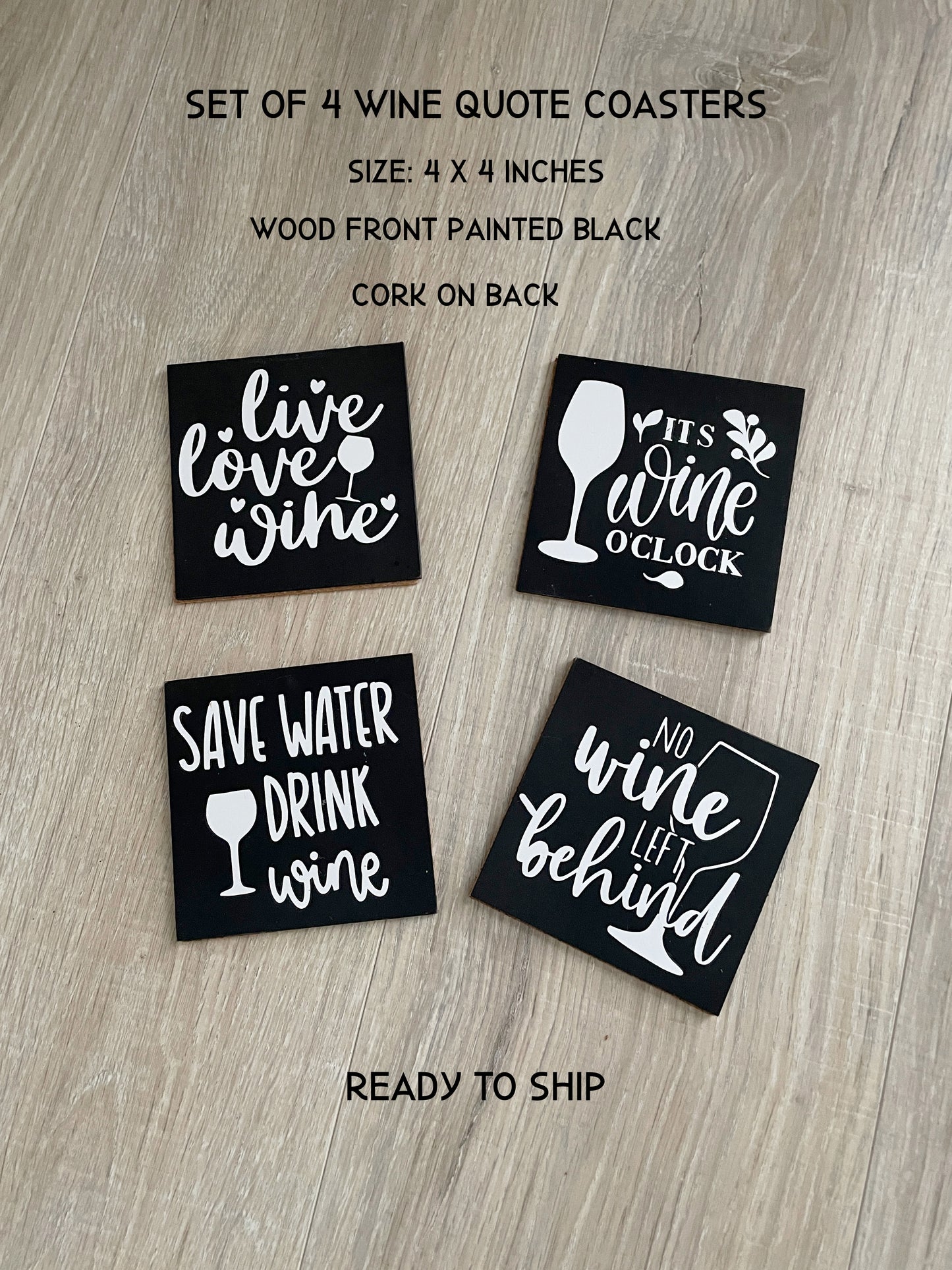 Funny Wine Coasters Set: Black & White Painted Wood with Cork Backing