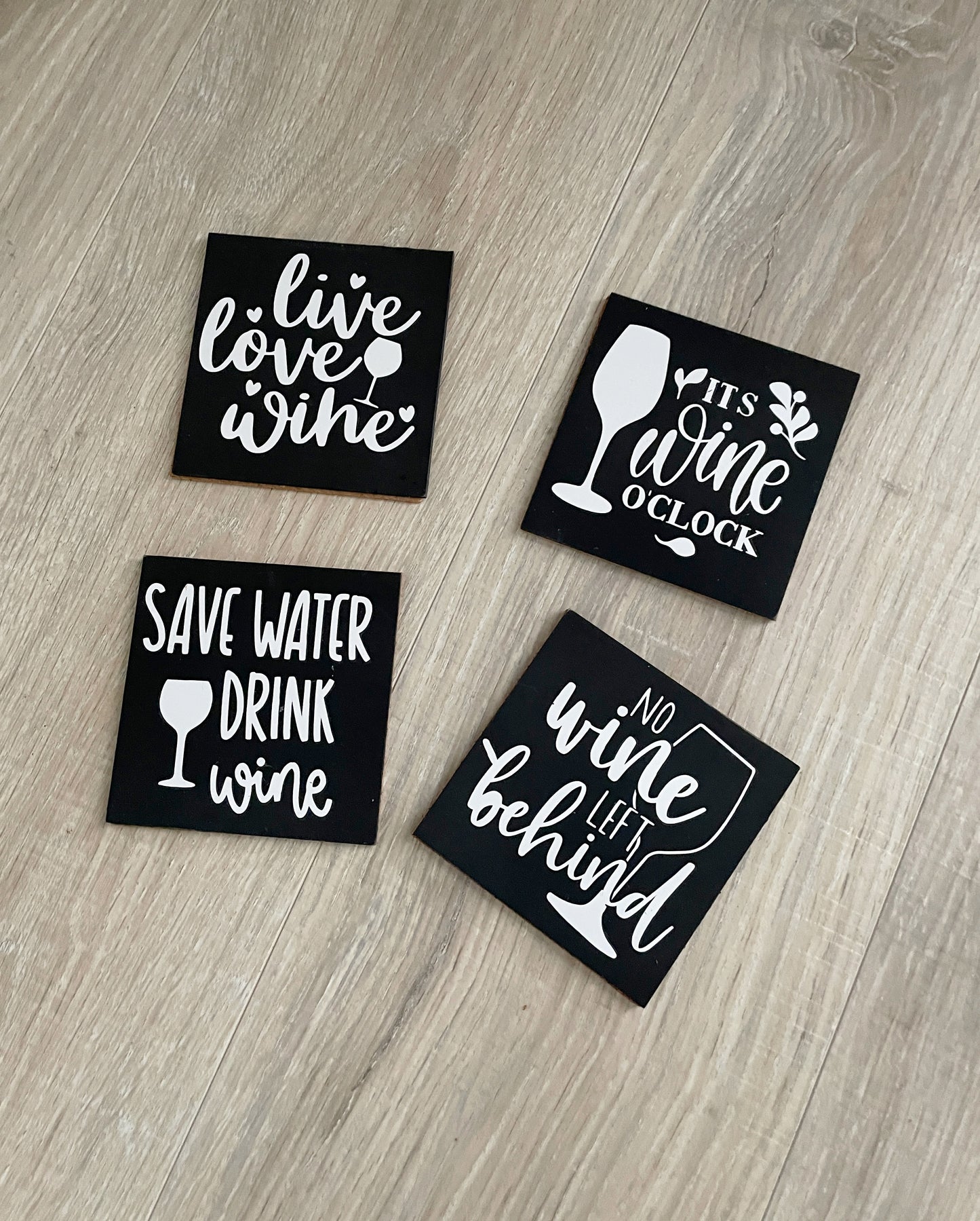 Funny Wine Coasters Set: Black & White Painted Wood with Cork Backing