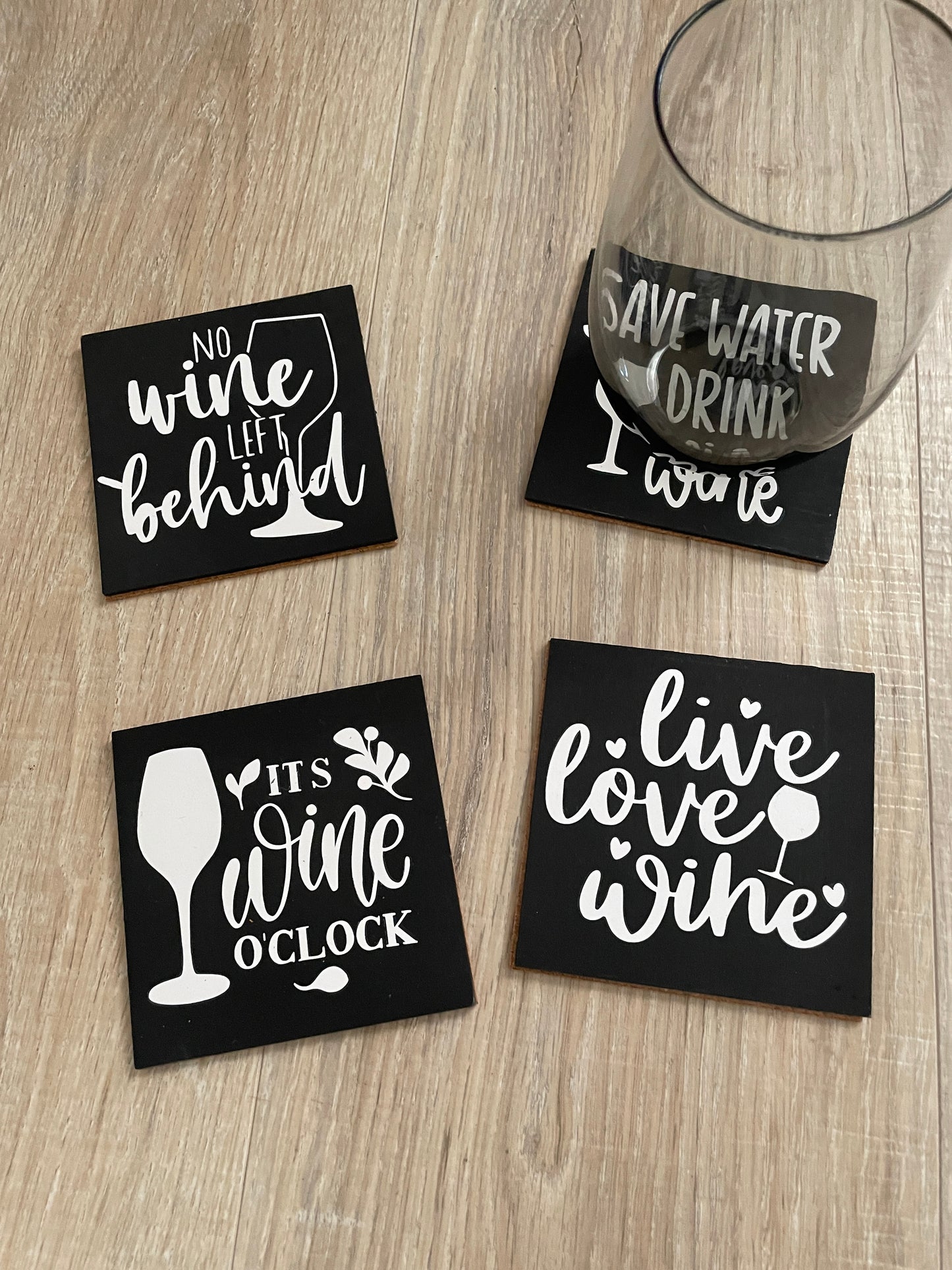 Funny Wine Coasters Set: Black & White Painted Wood with Cork Backing