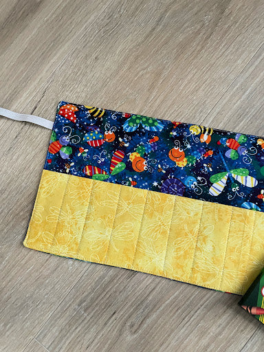 Handmade Crayon Roll Up, Crayon Tote, Crayon Holder featuring Colorful Insects with Included Crayons