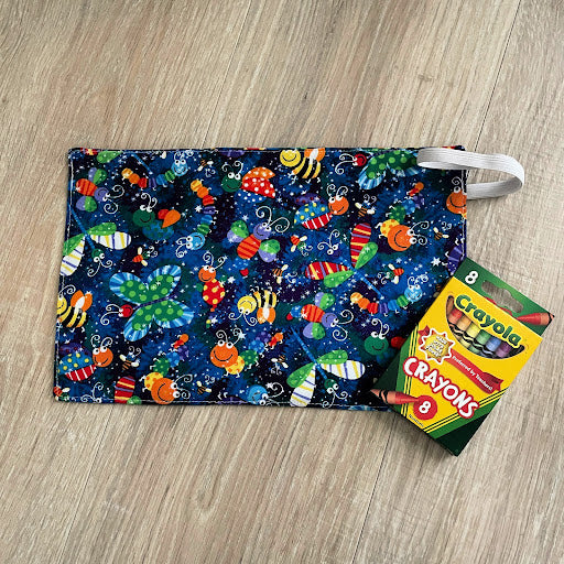 Handmade Crayon Roll Up, Crayon Tote, Crayon Holder featuring Colorful Insects with Included Crayons