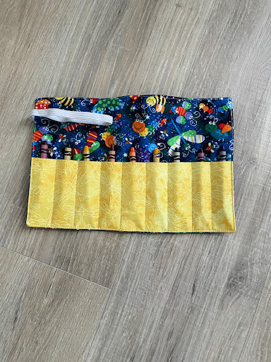 Handmade Crayon Roll Up, Crayon Tote, Crayon Holder featuring Colorful Insects with Included Crayons