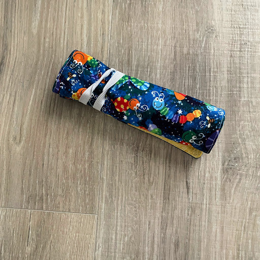 Handmade Crayon Roll Up, Crayon Tote, Crayon Holder featuring Colorful Insects with Included Crayons