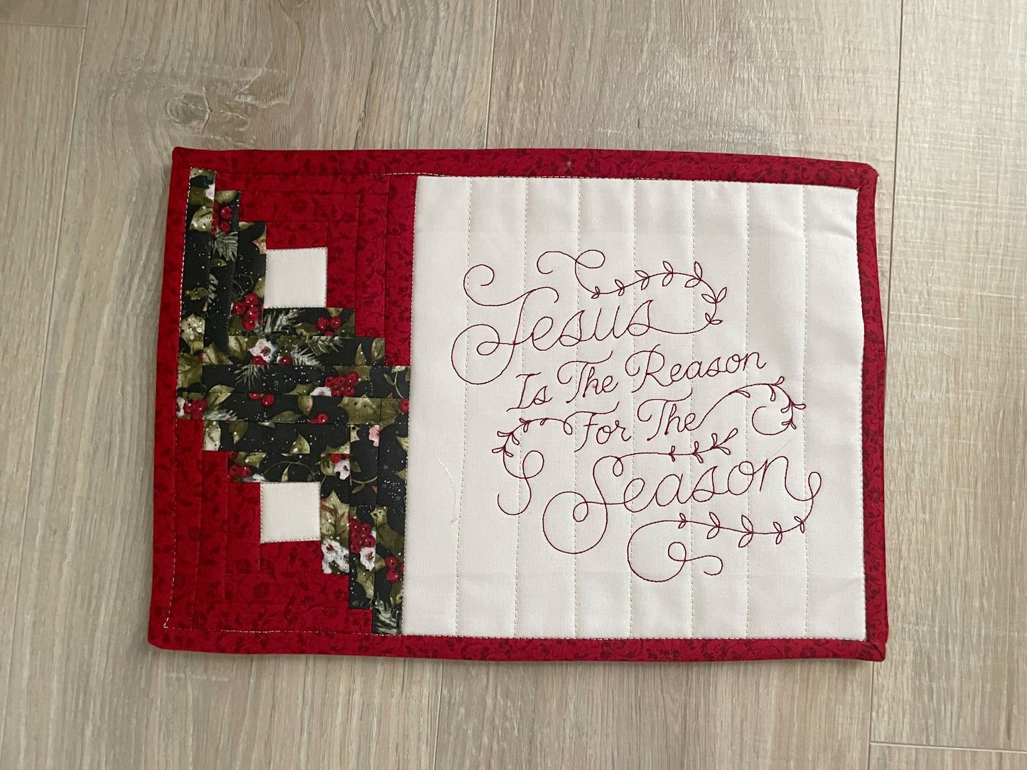 Handmade Mug Rug-, Jesus is the Reason Quilted Snack Mat, Christmas Patchwork Gift