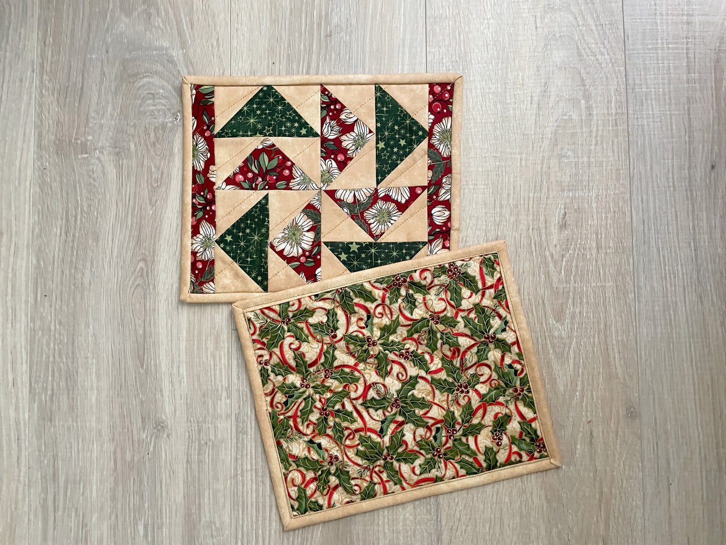Christmas Mug Rugs, Holiday quilted coasters, Set of 2, Handmade Snack Drink Mat