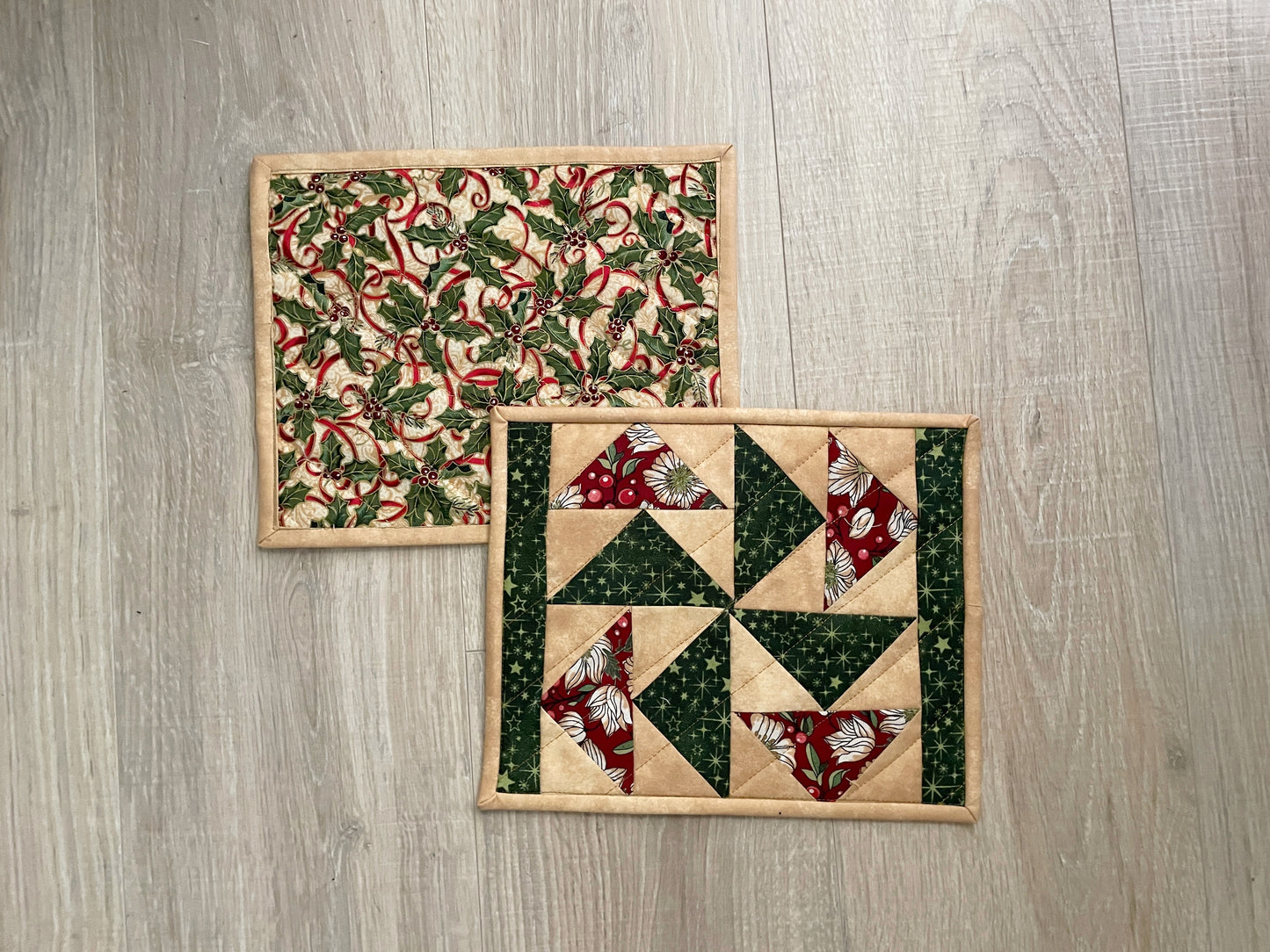 Christmas Mug Rugs, Holiday quilted coasters, Set of 2, Handmade Snack Drink Mat