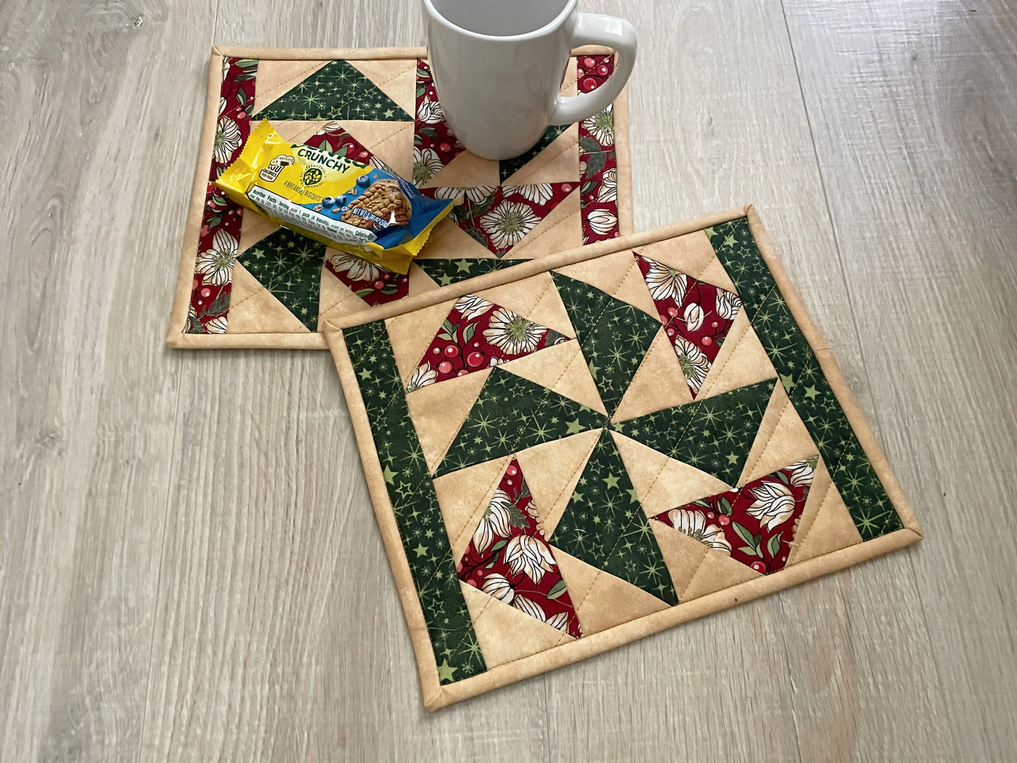 Christmas Mug Rugs, Holiday quilted coasters, Set of 2, Handmade Snack Drink Mat