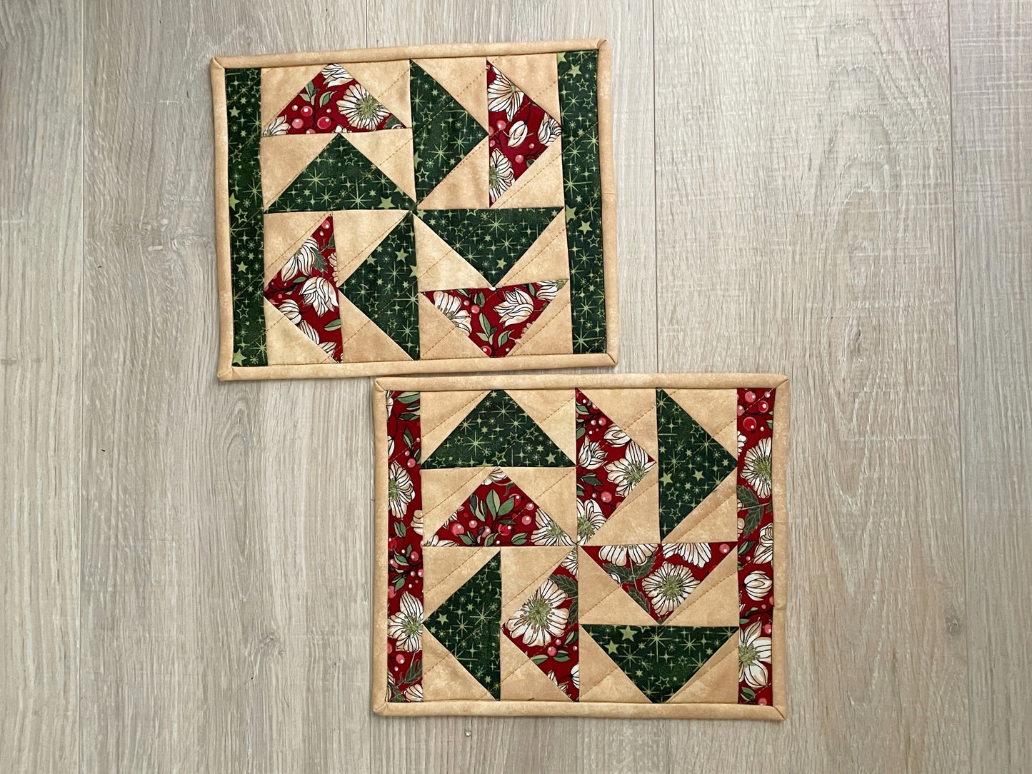 Christmas Mug Rugs, Holiday quilted coasters, Set of 2, Handmade Snack Drink Mat