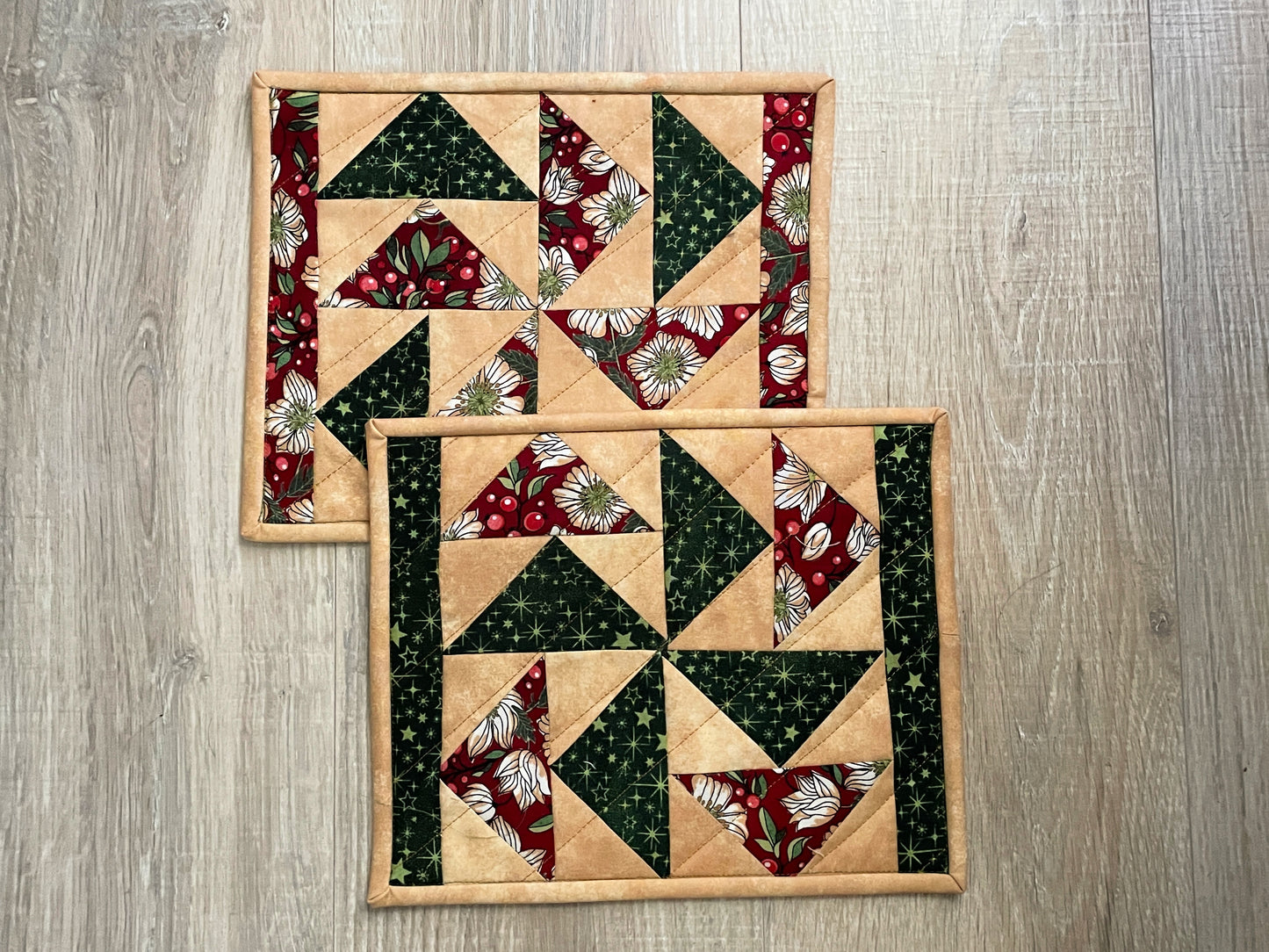 Christmas Mug Rugs, Holiday quilted coasters, Set of 2, Handmade Snack Drink Mat