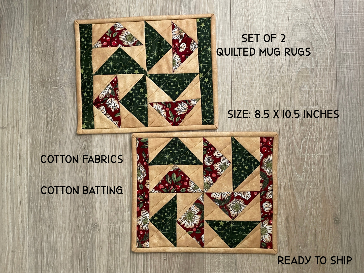 Christmas Mug Rugs, Holiday quilted coasters, Set of 2, Handmade Snack Drink Mat