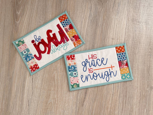 Embroidered Quilted Mug Rug - 6 x 10 Handmade Patchwork Snack Mat with Scripture