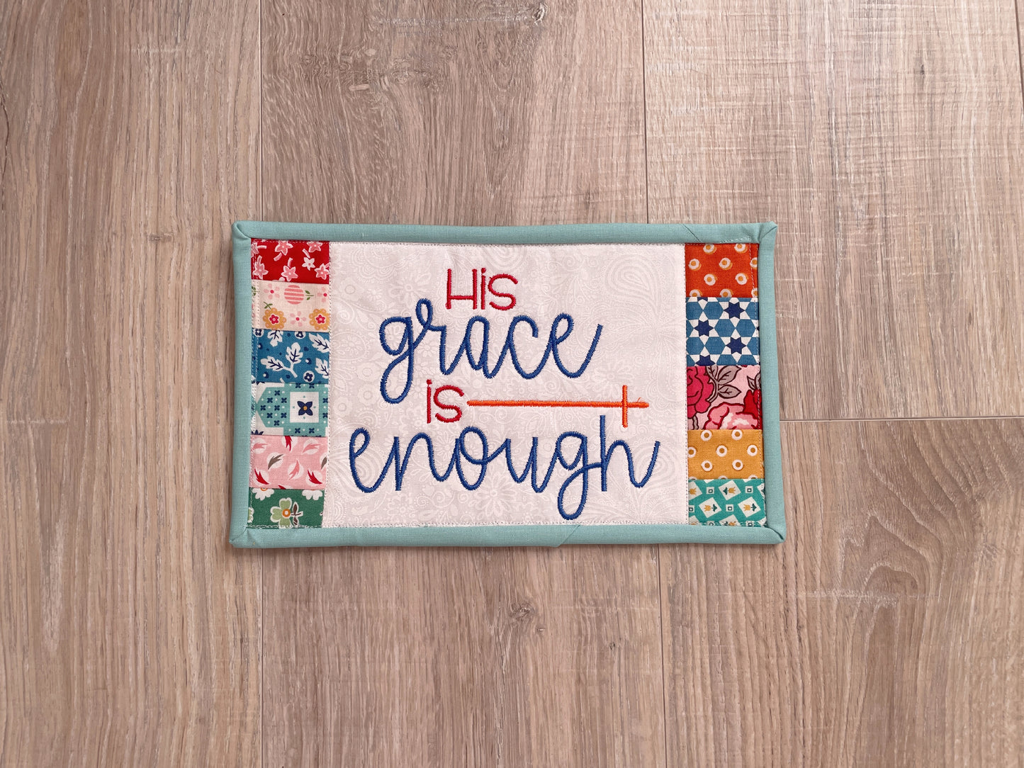 Embroidered Quilted Mug Rug - 6 x 10 Handmade Patchwork Snack Mat with Scripture