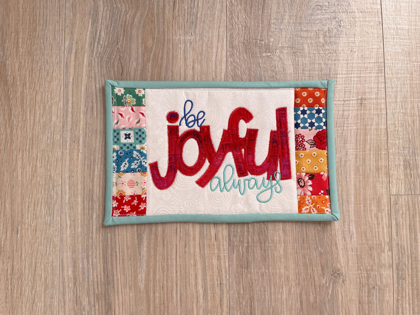 Embroidered Quilted Mug Rug - 6 x 10 Handmade Patchwork Snack Mat with Scripture