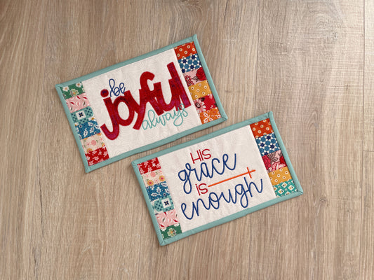 Embroidered Quilted Mug Rug - 6 x 10 Handmade Patchwork Snack Mat with Scripture