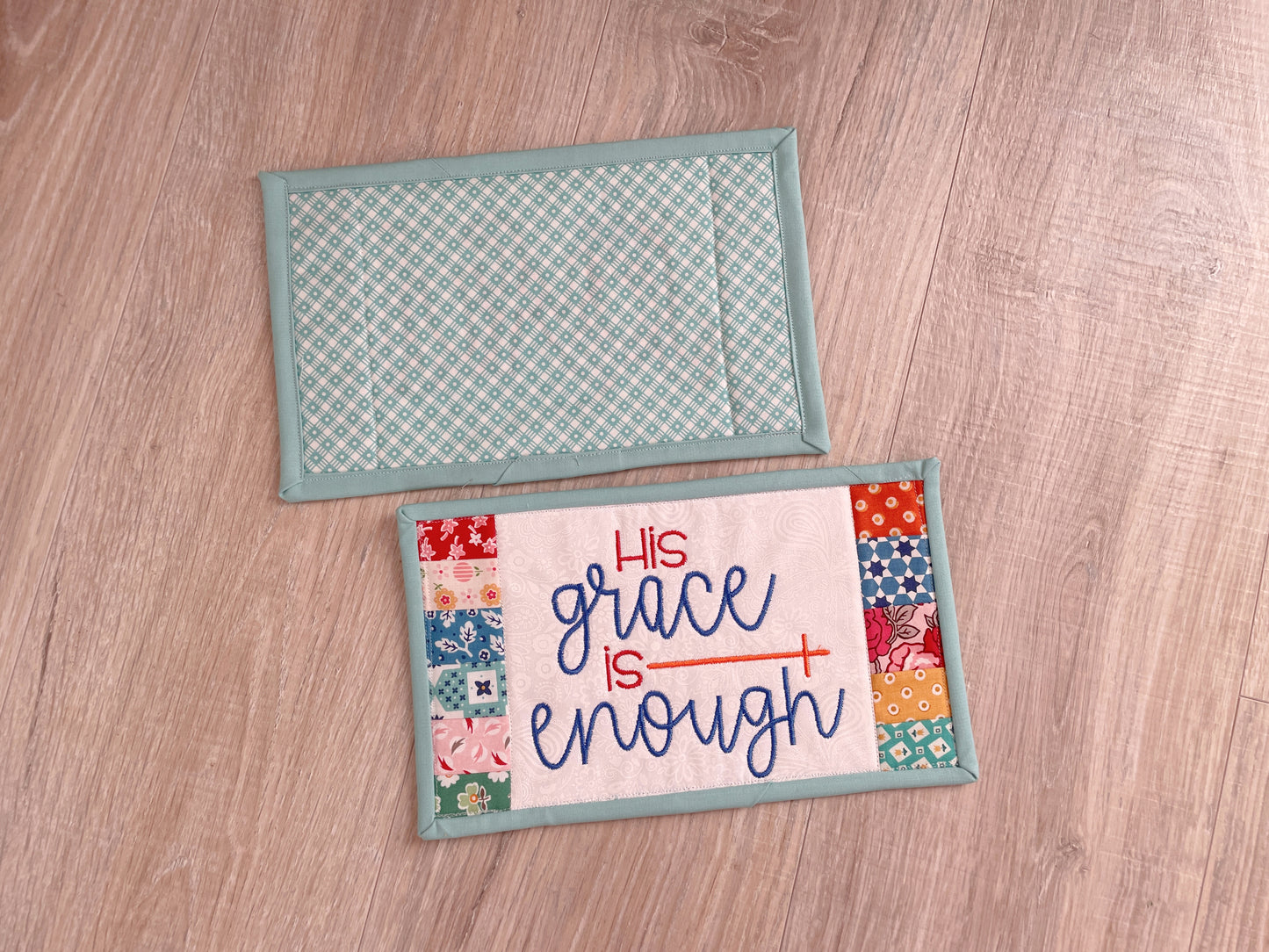 Embroidered Quilted Mug Rug - 6 x 10 Handmade Patchwork Snack Mat with Scripture