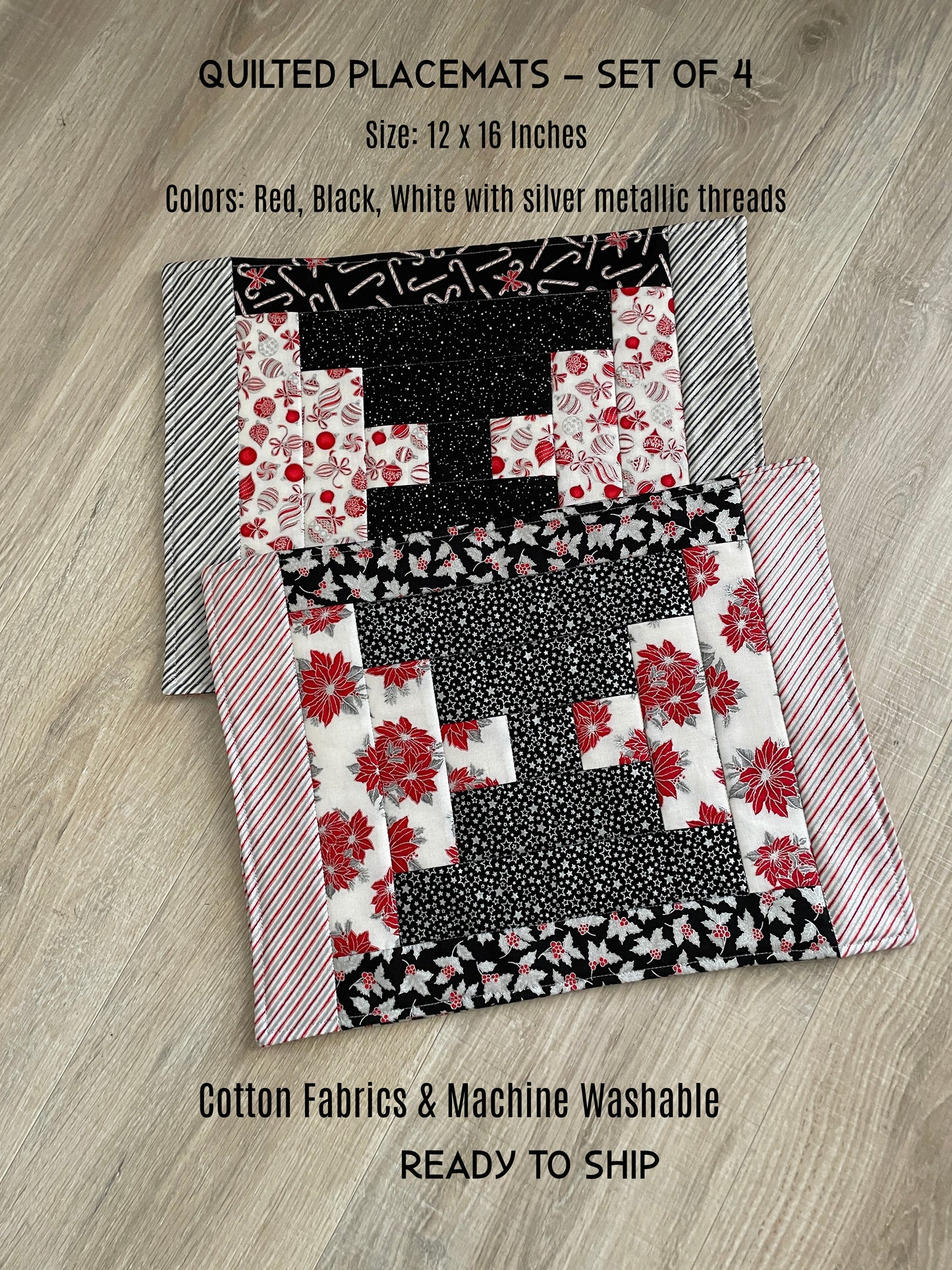 Handmade Christmas Placemats - Set of 4 - Quilted Modern Table Decor