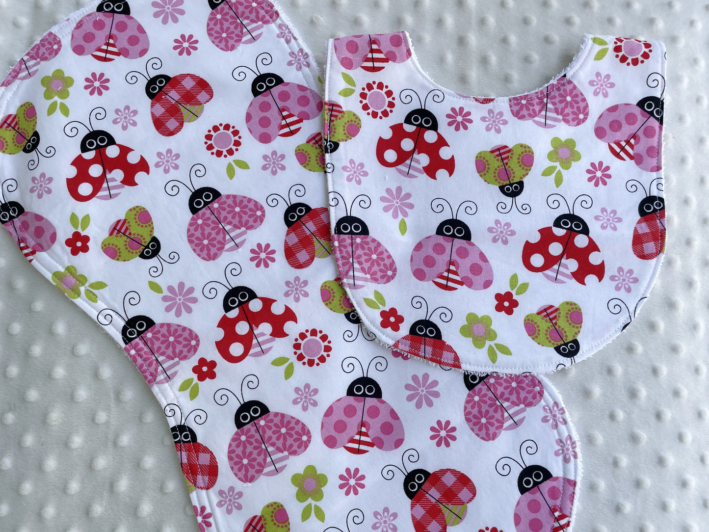 Sweet Ladybug and Flowers Baby Girl Set: Bib and Burp Cloth Gift