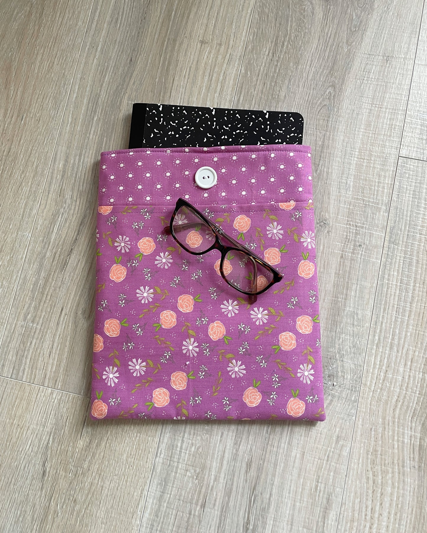 Padded Large Book / E-Reader Sleeve with Button Closure and Pocket
