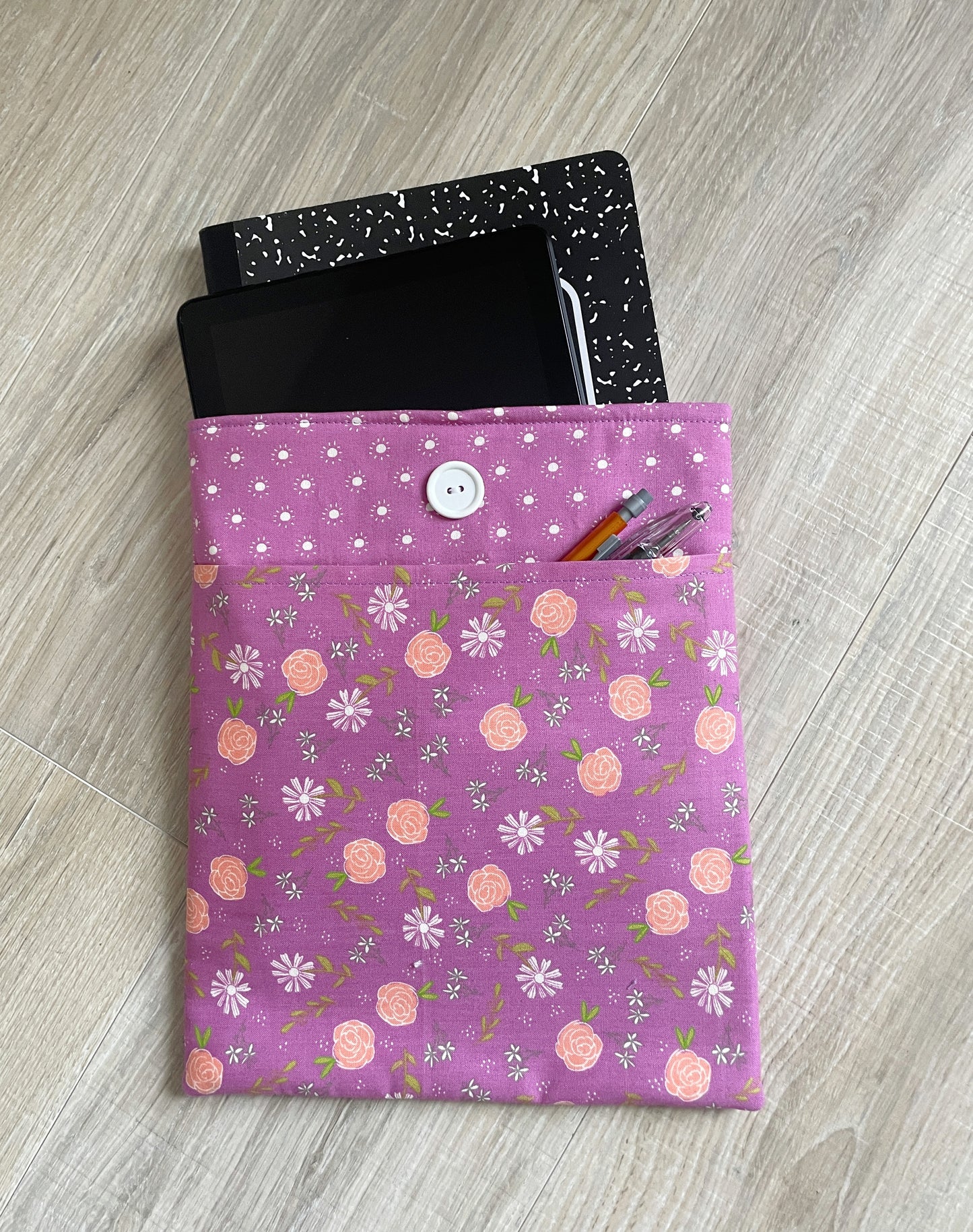 Padded Large Book / E-Reader Sleeve with Button Closure and Pocket