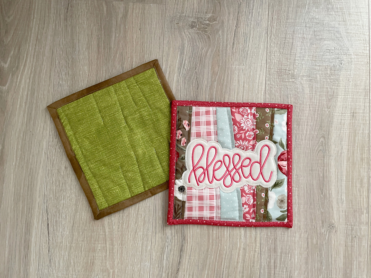 Handmade Quilted Fabric Hot Pads, Set of 2 Farmhouse Shabby Chic Pot Holders,