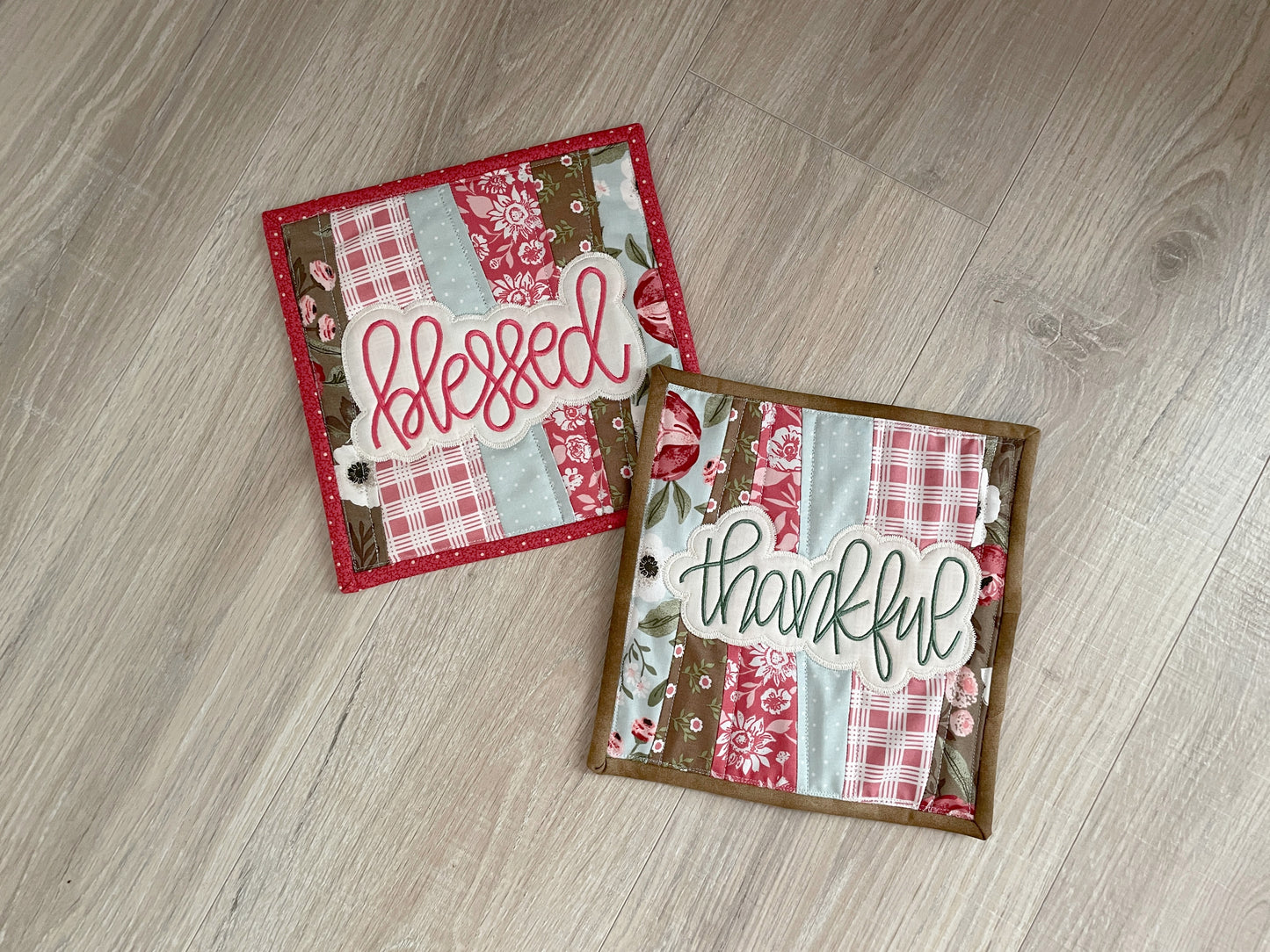 Handmade Quilted Fabric Hot Pads, Set of 2 Farmhouse Shabby Chic Pot Holders,