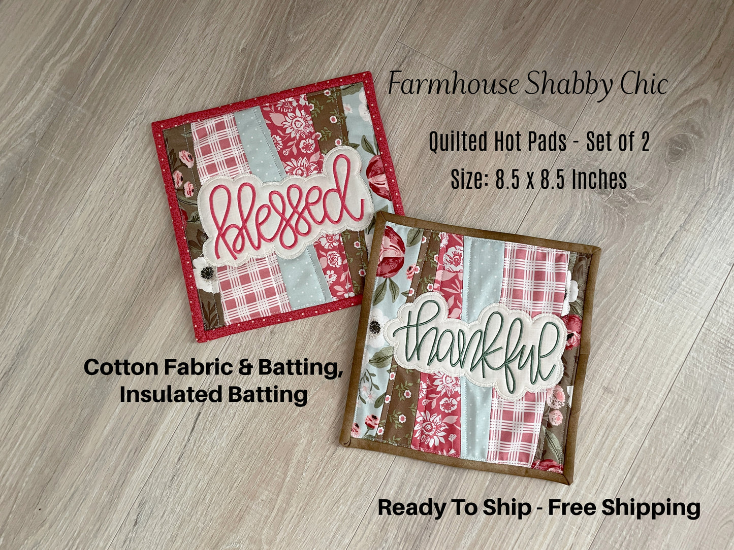 Handmade Quilted Fabric Hot Pads, Set of 2 Farmhouse Shabby Chic Pot Holders,