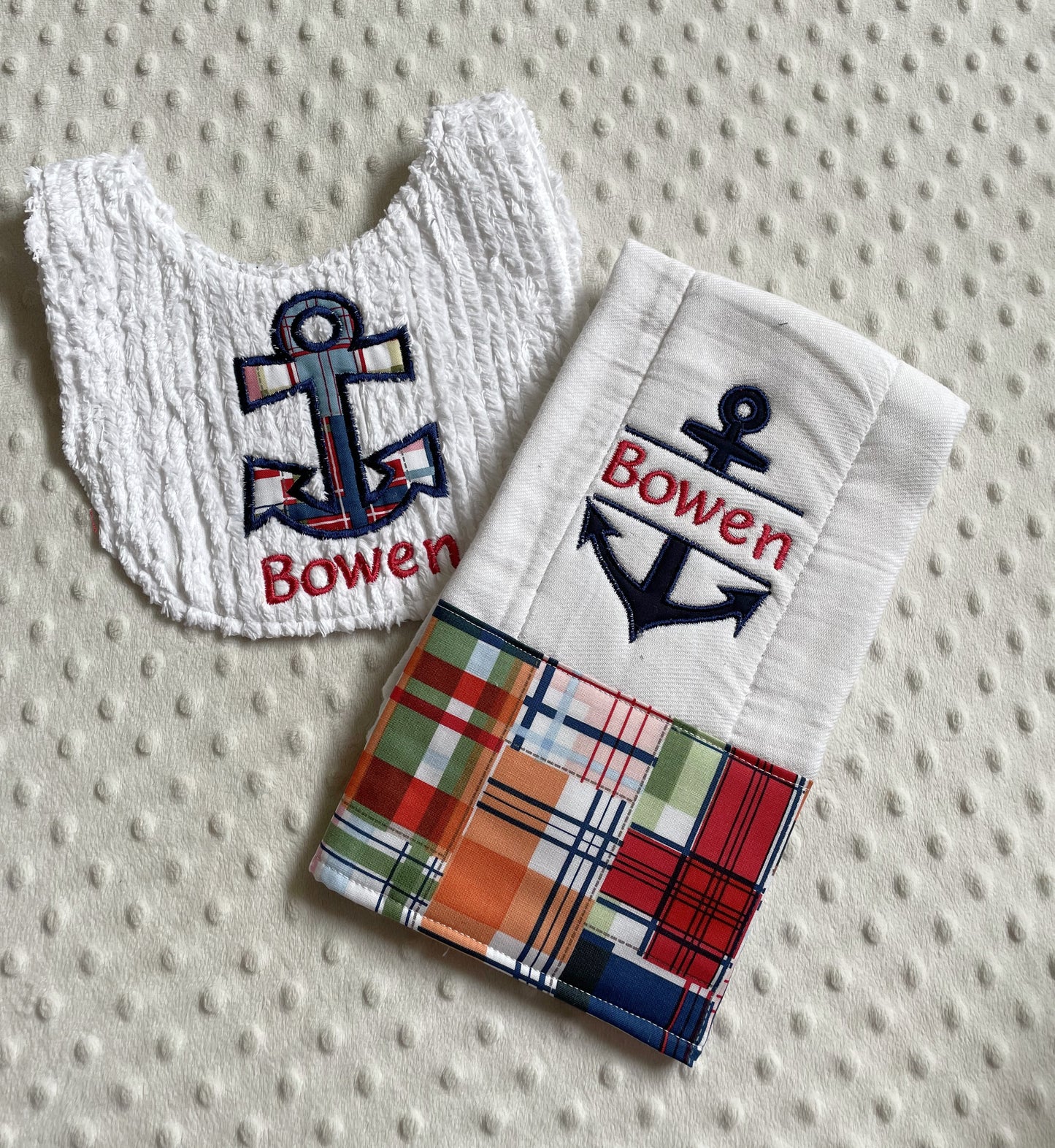 nautical themed personalized baby bib and burp cloth