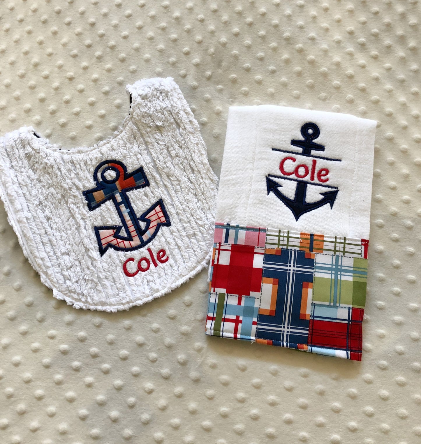 Adorable Personalized Baby Bib and Burp Cloth Set - Nautical Theme
