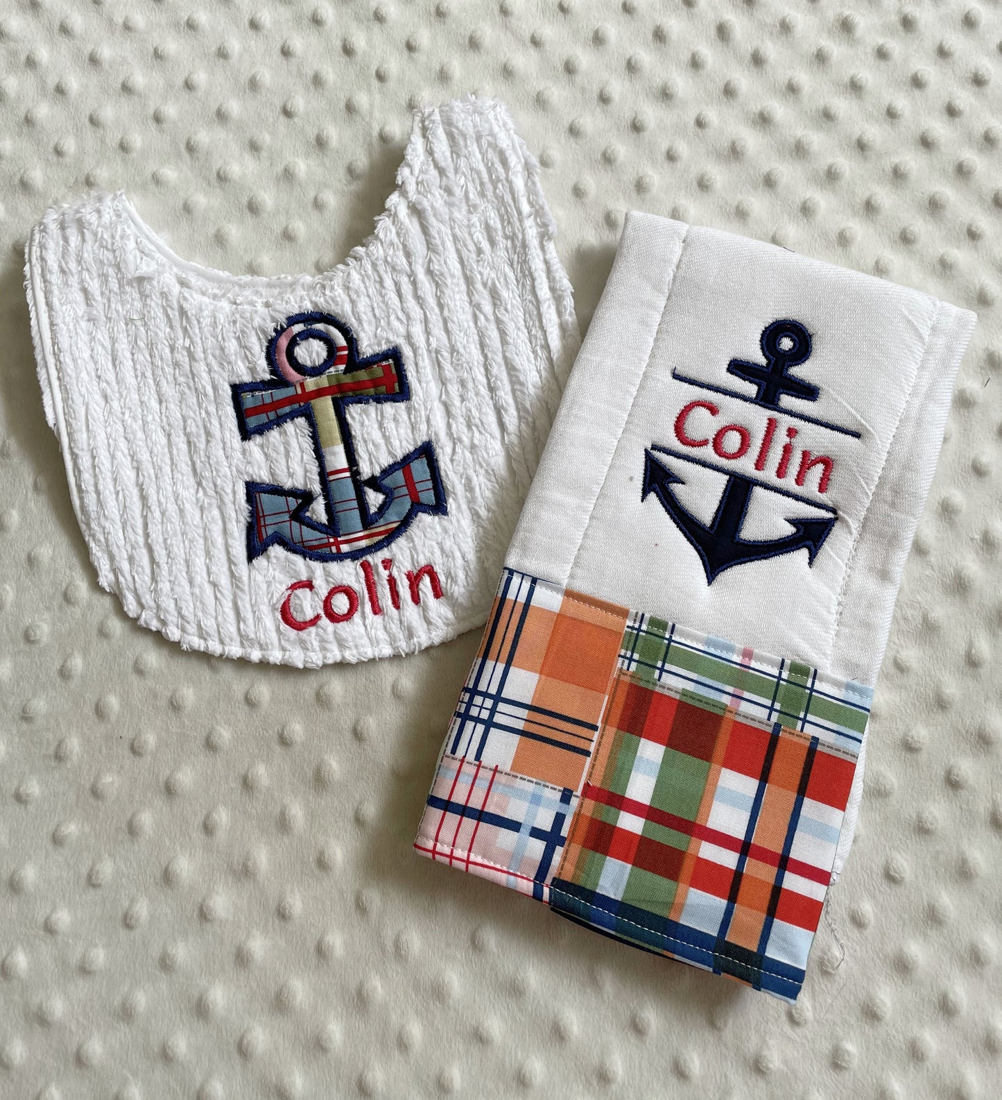 Adorable Personalized Baby Bib and Burp Cloth Set - Nautical Theme