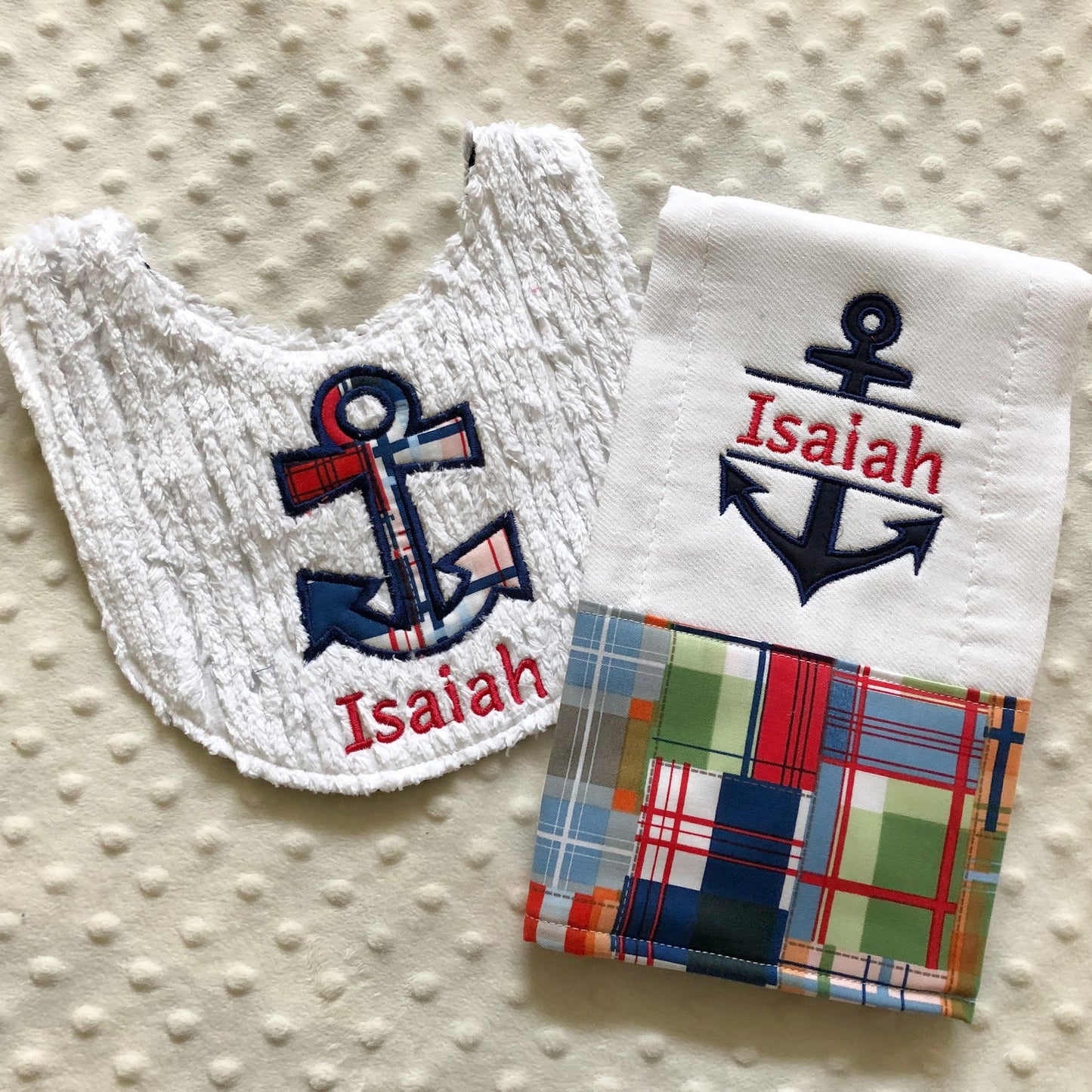 Adorable Personalized Baby Bib and Burp Cloth Set - Nautical Theme