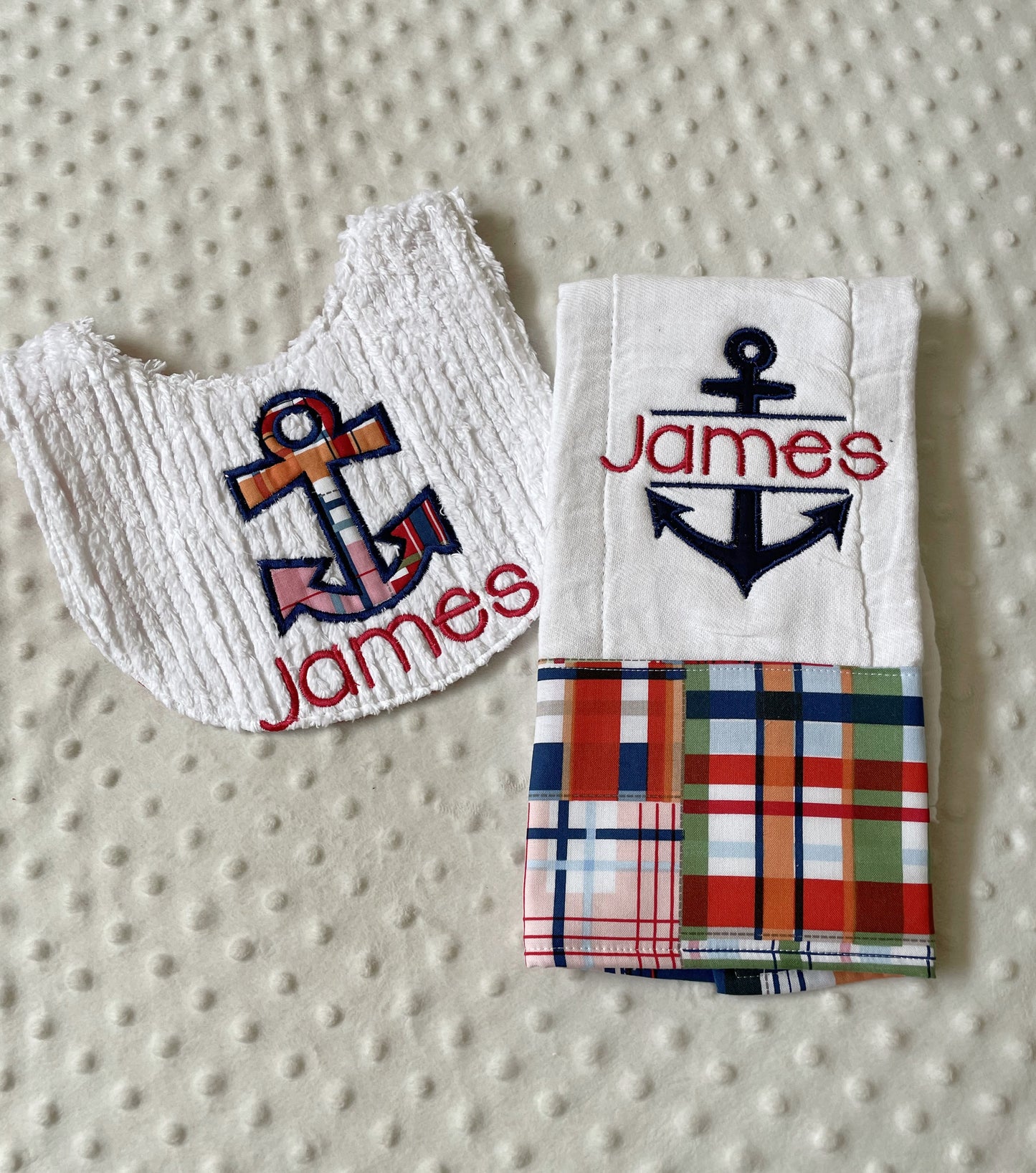 Adorable Personalized Baby Bib and Burp Cloth Set - Nautical Theme