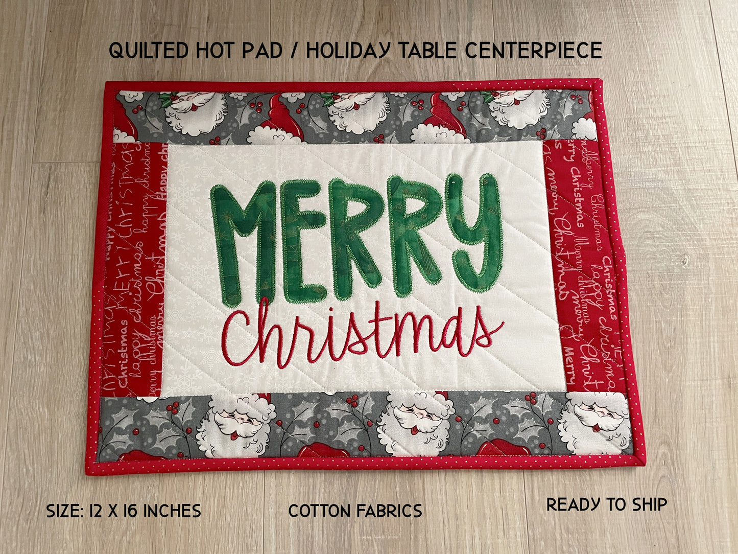 Quilted Christmas Large Casserole Hot Pad, Vintage Santa Merry Christmas Table Decor
