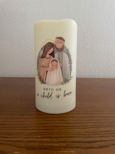 Christian Themed LED candle gift set, Rustic Nativity Christmas Decor, Set of 3 Flameless LED Pillar Candles with remote control