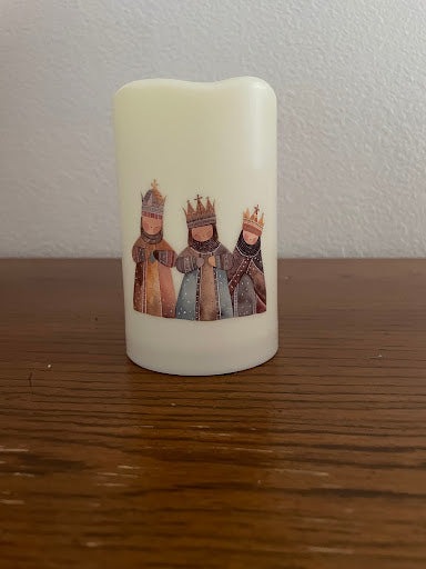 Christian Themed LED candle gift set, Rustic Nativity Christmas Decor, Set of 3 Flameless LED Pillar Candles with remote control