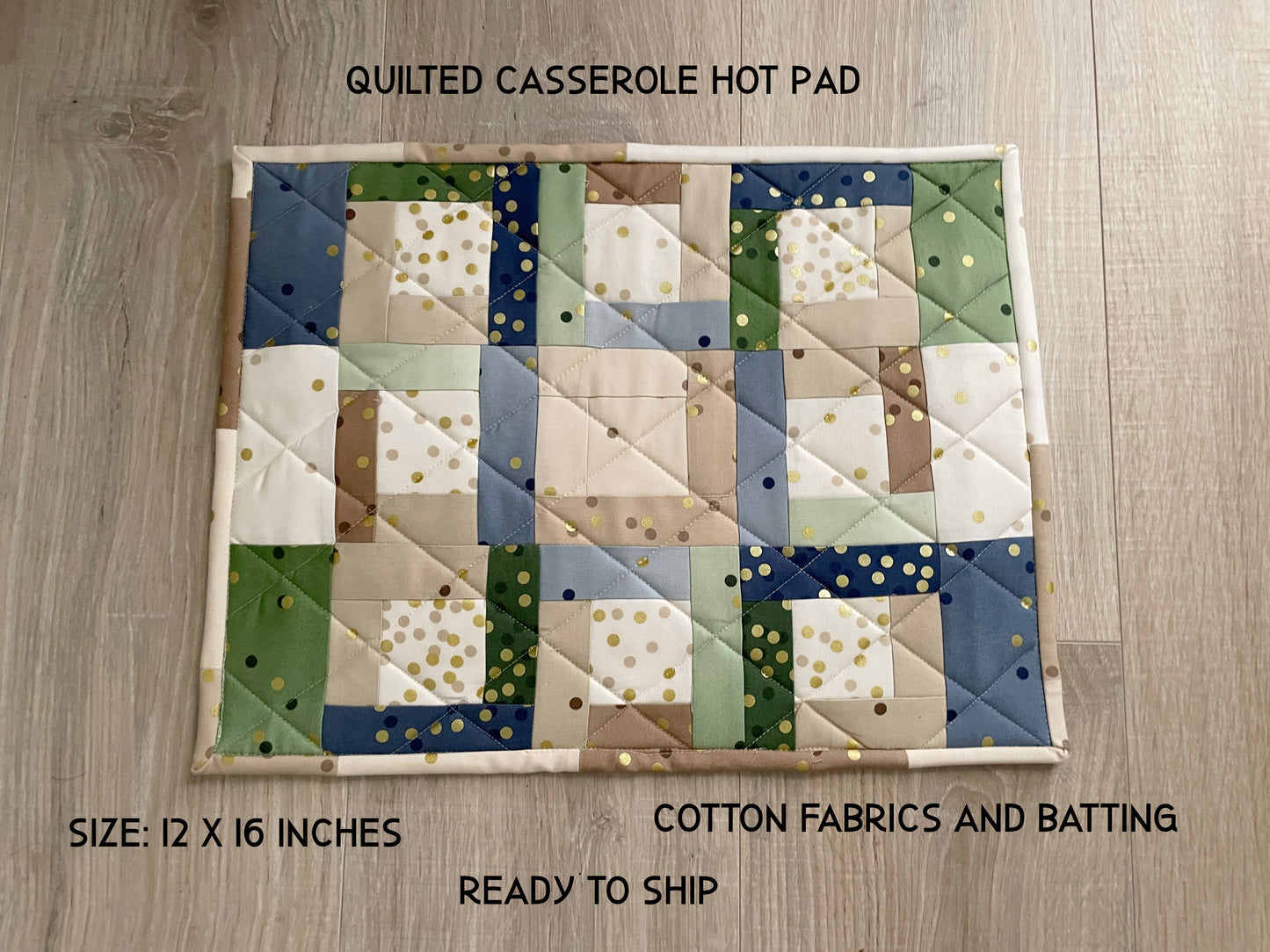 Patchwork Casserole Hot Pad: Quilted Cotton Trivet, Neutral Kitchen Decor