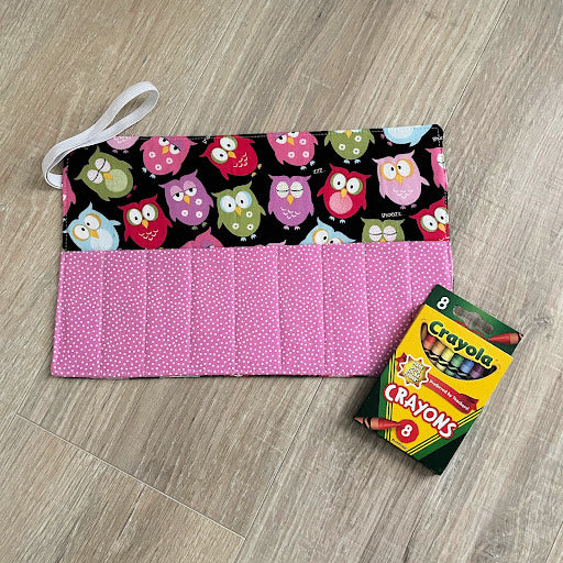 Handmade Crayon Roll Up, Crayon Tote, Crayon Holder featuring colorful Owls with Included Crayons