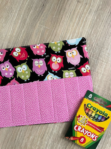 Handmade Crayon Roll Up, Crayon Tote, Crayon Holder featuring colorful Owls with Included Crayons