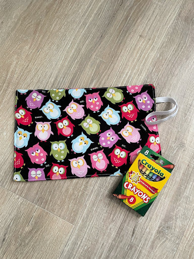 Handmade Crayon Roll Up, Crayon Tote, Crayon Holder featuring colorful Owls with Included Crayons