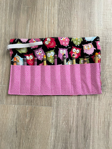 Handmade Crayon Roll Up, Crayon Tote, Crayon Holder featuring colorful Owls with Included Crayons